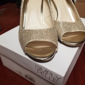 Gold Open Toe Wedge Shoe